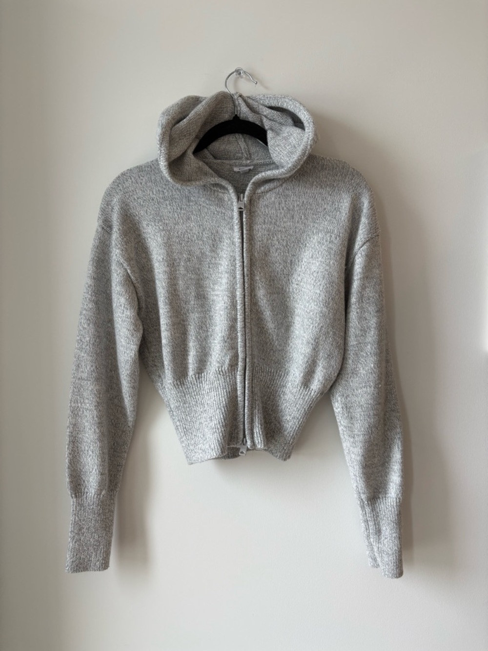 Light Gray Zip-Up Hooded Knit Sweater